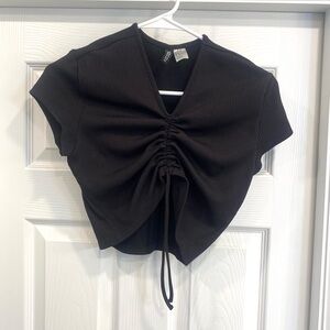 H&M Black Ruched V-Neck Drawstring Crop Top